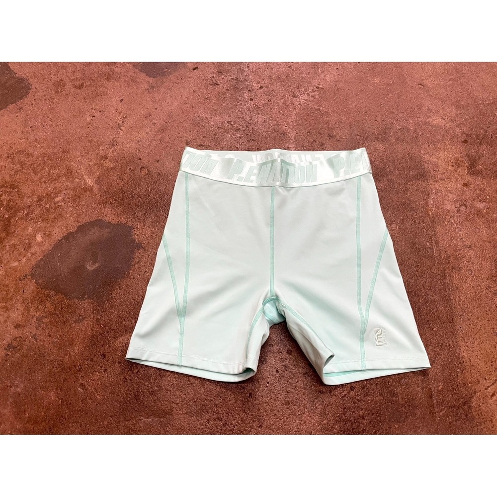 P.E Nation‎ Backcheck Bike Shorts Women M Aqua Stretch Mid Rise Elastic Waist